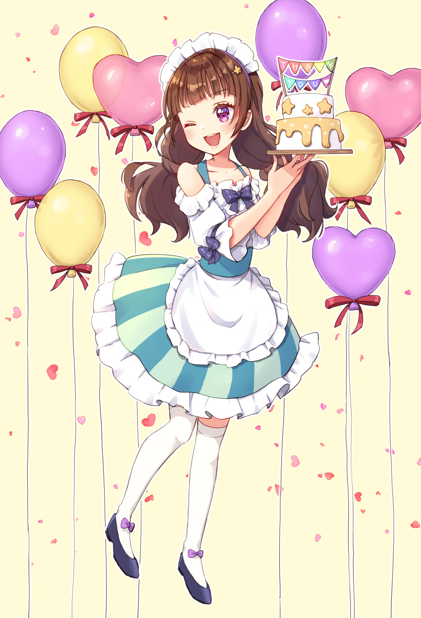 1girl absurdres alternate_costume amanogawa_kirara apron balloon blue_dress blunt_bangs blush brown_hair cake clothing_cutout commentary dress food frilled_dress frills full-face_blush go!_princess_precure hat_ornament heart heart_balloon highres holding holding_tray looking_to_the_side low_twintails maid_headdress open_mouth pinafore_dress precure purple_eyes shirt short_dress short_sleeves shoulder_cutout shuu_(mniarnoakou) sleeveless sleeveless_dress smile solo standing star_(symbol) star_hat_ornament string_of_flags textless_version thank_you thighhighs tray twintails waist_apron waitress white_shirt white_thighhighs