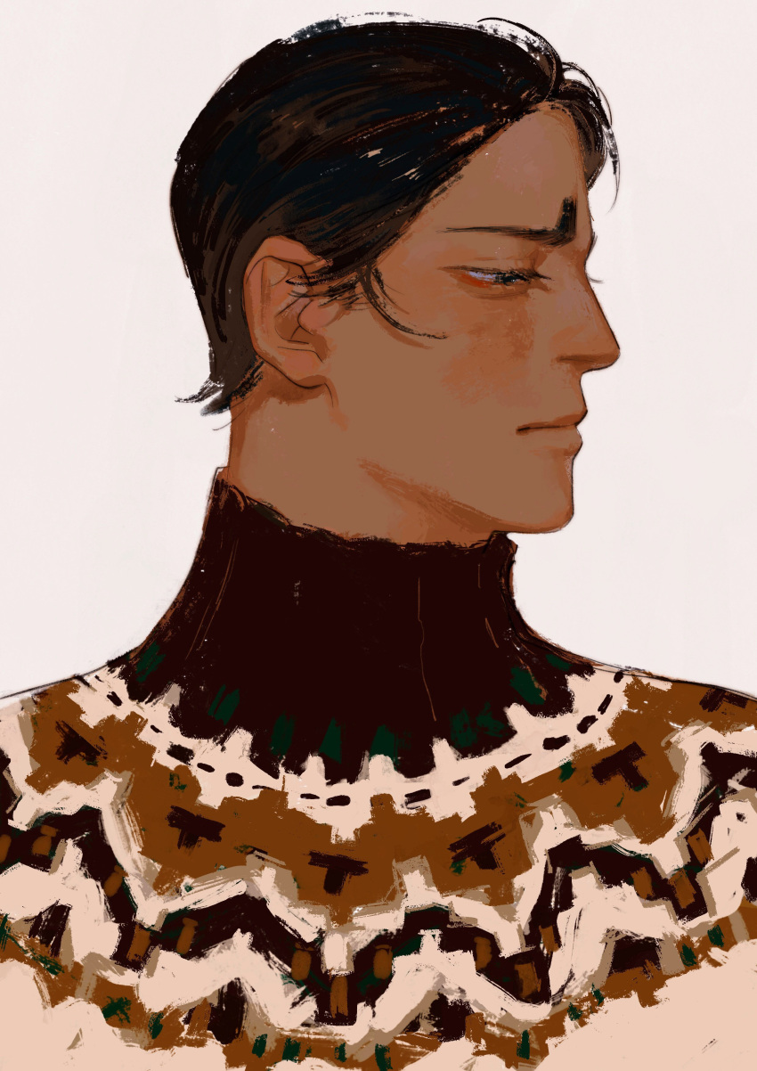 1boy absurdres black_eyes brown_background brown_hair brown_sweater chengongzi123 dark-skinned_male dark_skin gloves golden_kamuy highres koito_otonoshin looking_to_the_side male_focus portrait short_hair simple_background sweater turtleneck turtleneck_sweater very_short_hair