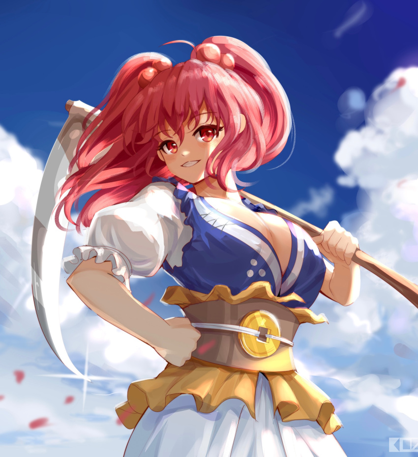 1girl boat breasts brown_sash cleavage coin coin_on_string dress edz_drawz hair_bobbles hair_ornament highres holding holding_scythe large_breasts looking_at_viewer obi obidome obijime onozuka_komachi red_eyes red_hair sash scythe short_sleeves smile solo touhou two_side_up watercraft