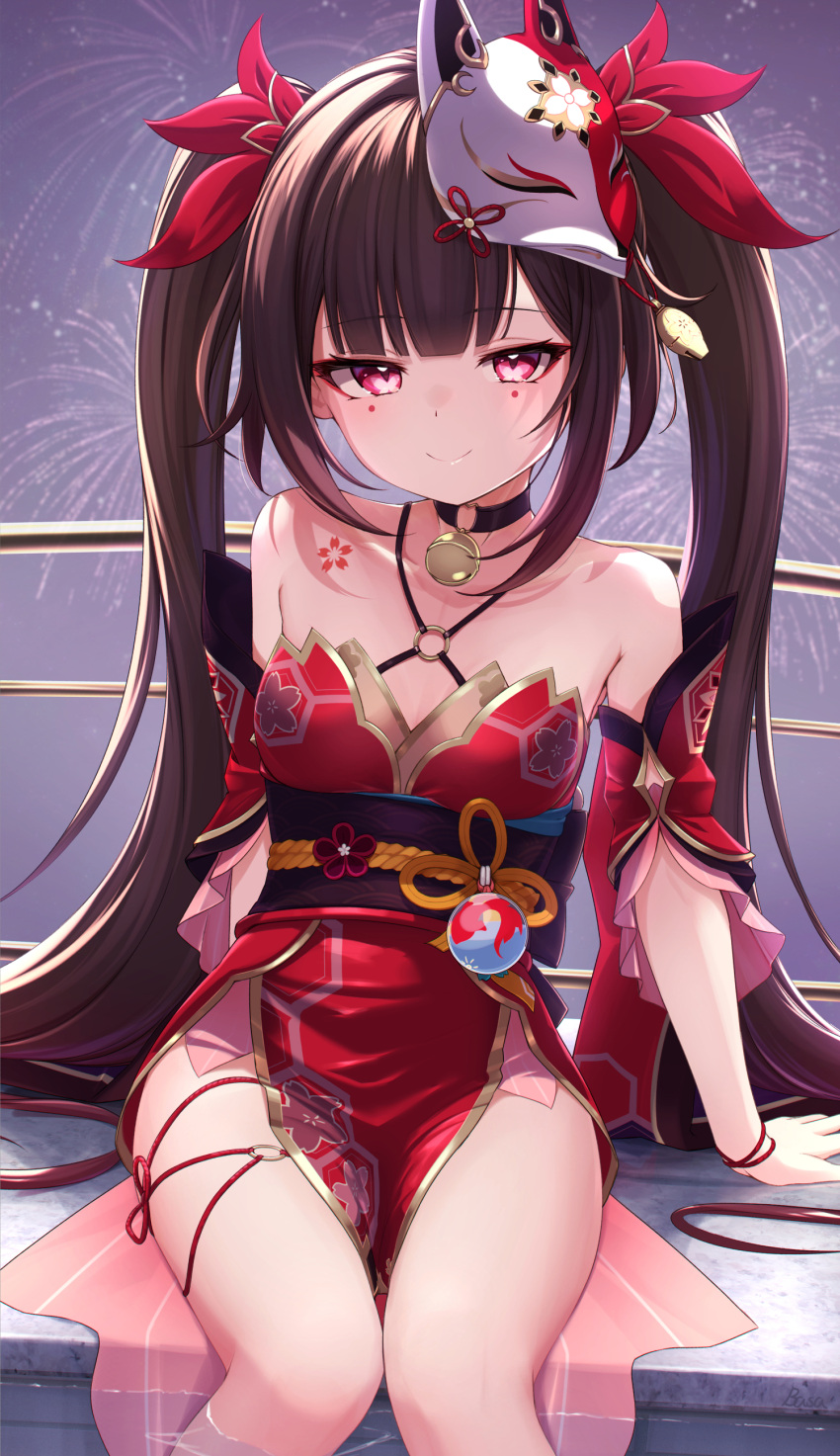 1girl absurdres arms_at_sides basa_rutan bell black_choker bow brown_hair choker collarbone criss-cross_halter dress feet_out_of_frame fireworks fox_mask hair_bow halterneck highres honkai:_star_rail honkai_(series) long_hair looking_at_viewer mask mask_on_head neck_bell night o-ring outdoors pelvic_curtain pink_eyes railing red_bow red_dress short_dress sidelocks sitting sleeveless sleeveless_dress solo sparkle_(honkai:_star_rail) twintails very_long_hair