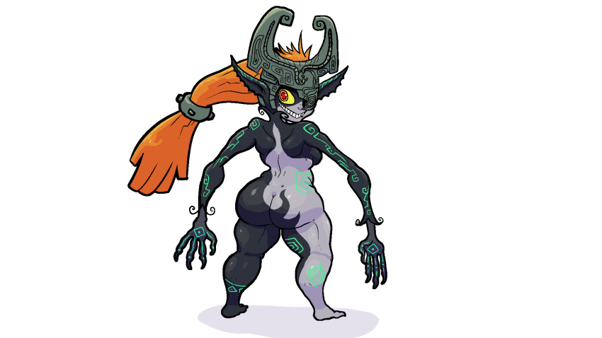 anthro armor butt fangs female grin hair headgear helmet hi_res humanoid_pointy_ears long_arms midna nintendo not_furry nude one_eye_obstructed red_eyes red_hair short_stack smile solo teeth the_legend_of_zelda trongle twilight_princess yellow_sclera