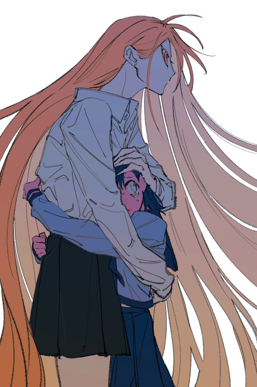 2girls black_skirt blonde_hair blue_eyes blue_hair blue_shirt blush closed_mouth collared_shirt commentary_request earrings fingernails hand_on_another's_back hand_on_another's_head height_difference highres hug jewelry long_fingernails long_hair long_sleeves multiple_girls naotin3333 open_mouth original pleated_skirt red_eyes school_uniform serafuku sharp_fingernails shirt simple_background skirt stud_earrings sweat very_long_hair white_background white_shirt yuri