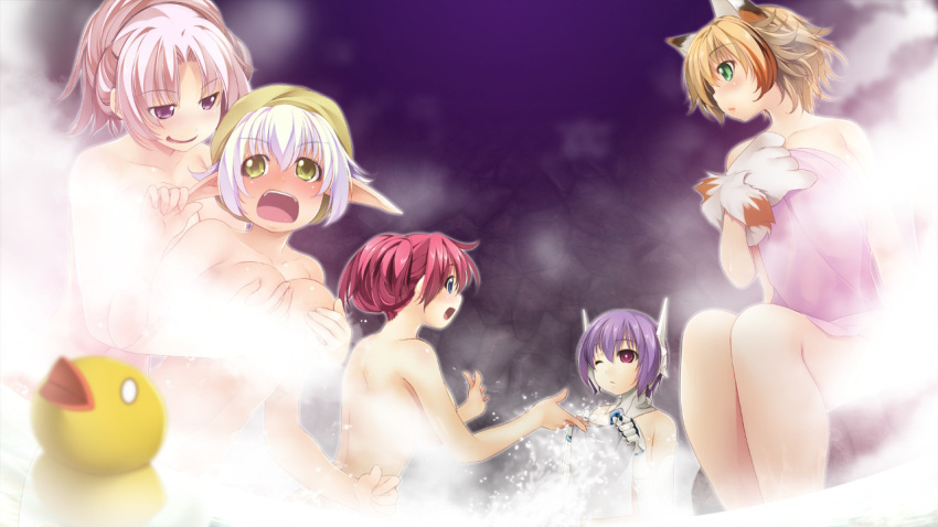 animal_ears animal_hands astel(wizards_symphony) atelier-moo bare_shoulders bathing blue_eyes breasts brown_eyes brown_hair cat_ears cat_girl cleavage closed_mouth collarbone curtained_hair dark_elf elf embarrassed expressionless feline_sora full_body gloves golem grabbing grabbing_another's_breast green_eyes hair_between_eyes large_breasts long_pointy_ears mechanical_arms multiple_girls naked_towel narrow_waist night nina_lazydaisy nude onsen open_mouth paw_gloves pink_towel pointy_ears purple_hair red_eyes red_hair robot_ears short_hair silvia_milsteen smile soaking_feet spica_celest standing steam thighs towel towel_on_head wet wet_towel wizards_symphony yellow_eyes yellow_towel