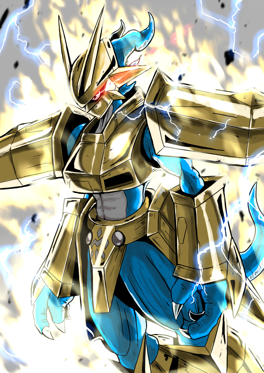 absurdres armor aura blue_skin colored_skin covering_face cowboy_shot digimon digimon_(creature) digimon_adventure_02 dragon electricity fewer_digits glowing glowing_eyes gold_armor highres horns magnamon no_humans red_eyes sawa_d spikes tail