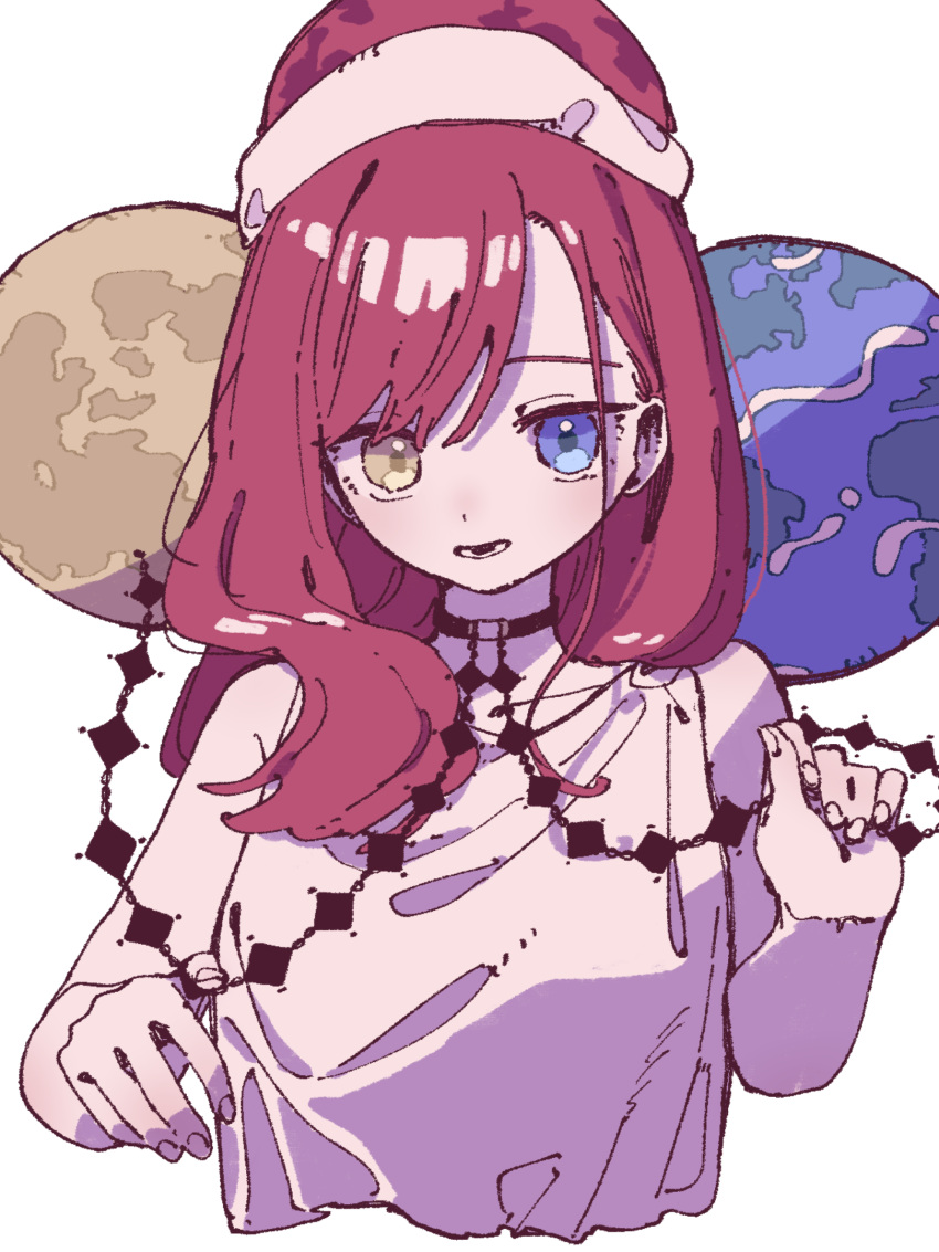 1girl alternate_costume blue_eyes earth_(ornament) hecatia_lapislazuli heterochromia highres long_hair looking_at_viewer moon_(ornament) nama_udon open_mouth red_hair shirt simple_background sleeveless sleeveless_shirt solo touhou upper_body white_background white_shirt yellow_eyes