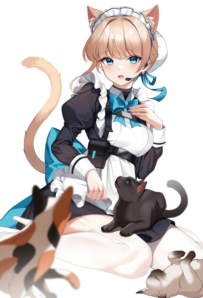 1girl adjusting_apron animal_ear_fluff animal_ears animal_on_lap apron black_cat black_dress blonde_hair blue_archive blue_bow blue_bowtie blue_eyes blue_ribbon bow bowtie breasts bun_cover calico cat cat_ears cat_girl cat_tail dress earpiece framed_breasts frilled_apron frills hand_on_own_chest hand_up high_heels highres kemonomimi_mode kiyochii long_sleeves looking_at_viewer maid maid_apron maid_headdress medium_breasts on_lap open_mouth ribbon simple_background sitting solo tail tail_raised thighhighs toki_(blue_archive) wariza white_apron white_background white_footwear white_thighhighs