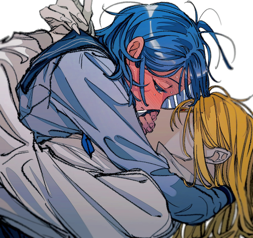 2girls arms_around_neck blonde_hair blue_eyes blue_hair blue_sailor_collar blue_shirt blush covering_another's_mouth ear_blush fingernails hands_on_another's_back highres hug long_fingernails long_hair medium_hair multiple_girls naotin3333 noses_touching original red_eyes sailor_collar school_uniform serafuku sharp_fingernails shirt simple_background sweat upper_body white_background yuri