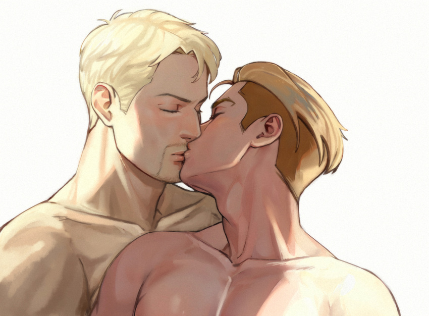 2boys bara blonde_hair brown_hair closed_eyes closed_mouth couple facial_hair kiss male_focus multiple_boys muscular muscular_male panicawa porco_galliard reiner_braun shingeki_no_kyojin short_hair simple_background white_background yaoi