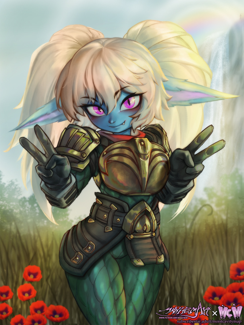 absurd_res armor blonde_hair clothed clothing cute_fangs female fully_clothed gesture hair hand_gesture hi_res humanoid humanoid_pointy_ears league_of_legends mayhem_(artist) pigtails poppy_(lol) riot_games short_stack small_waist solo v_sign wide_hips yordle