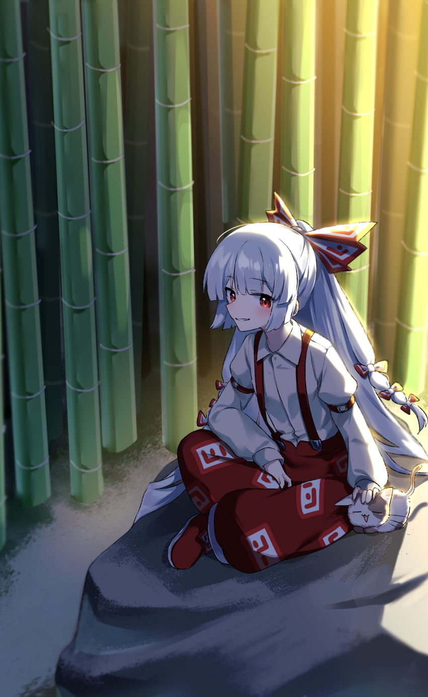 1girl absurdres bamboo bamboo_forest blush bow cat collared_shirt commentary_request forest fujiwara_no_mokou full_body hair_bow highres indian_style long_hair long_sleeves nature outdoors pants parted_lips petting red_bow red_eyes red_footwear red_pants rock shirt shoes sitting sitting_on_rock smile solo suikario suspenders touhou very_long_hair white_bow white_hair white_shirt