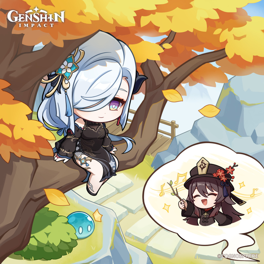 2girls absurdres black_dress branch breasts brown_hair bush chibi closed_eyes closed_mouth commentary copyright_name day dot_nose dress earrings english_commentary falling_leaves flower genshin_impact grey_hair hair_ornament hair_over_one_eye hat hat_flower highres holding holding_branch hu_tao_(genshin_impact) in_tree jewelry leaf long_hair long_sleeves multiple_girls musical_note official_alternate_costume official_art open_mouth outdoors pelvic_curtain red_flower ring shenhe_(frostflower_dew)_(genshin_impact) shenhe_(genshin_impact) sitting sitting_in_tree slime_(genshin_impact) sparkle swept_bangs tassel tassel_earrings tree very_long_hair vision_(genshin_impact)