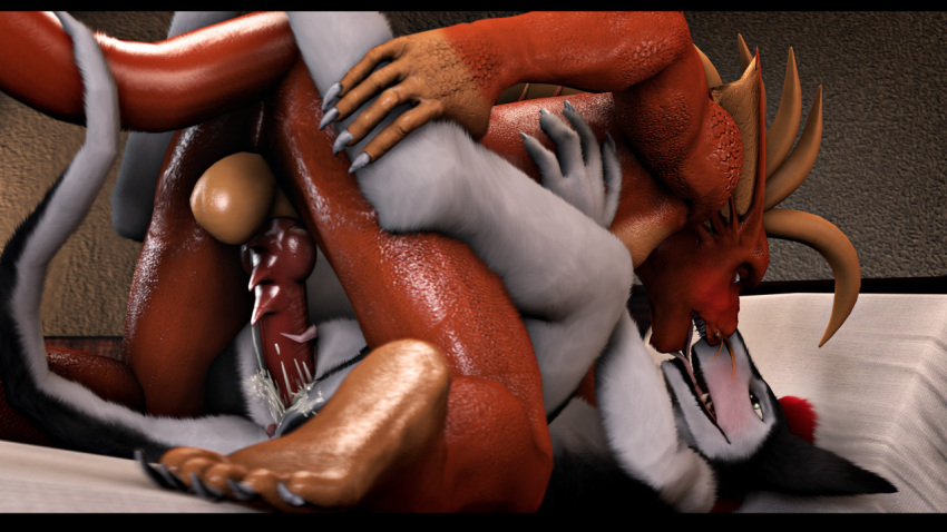 anthro balls bed blush clitoral_hood daru_(daruhia) daruhia dragon duo entwined_tails french_kissing furniture genitals herm herm/male intersex intersex/male kissing legs_around_partner legs_up low-angle_view male maleherm mathew_kelly mythological_creature mythological_scalie mythology on_bed open_mouth penetration prehensile_clitoral_hood scalie sergal tail tail_coil tongue tongue_out vaginal vaginal_penetration wingless_dragon