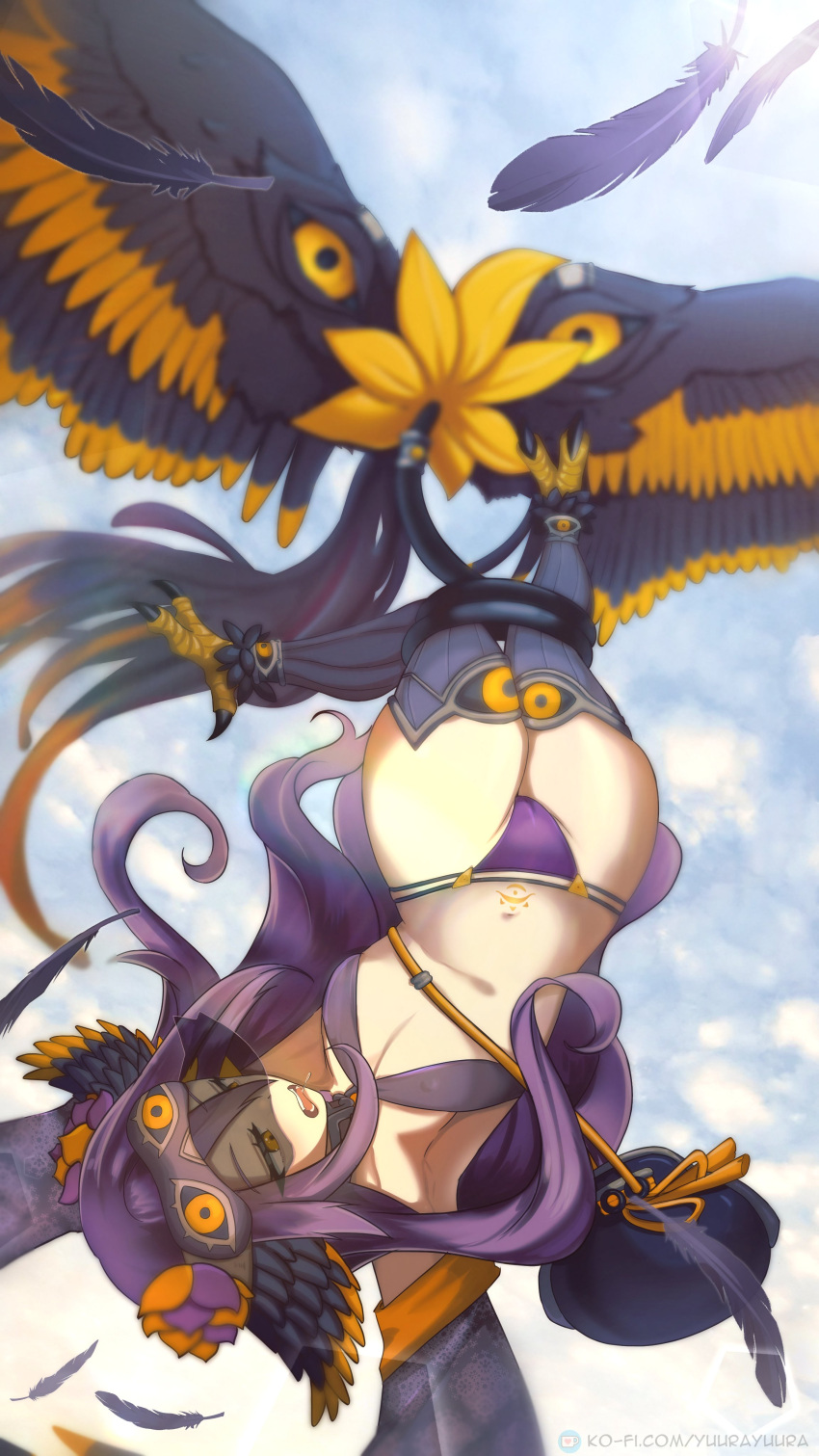 1girl absurdres bag bird_legs black_feathers black_thighhighs black_wings breasts commission english_commentary feathered_wings feathers flying harpy head_wings highres long_hair medium_breasts monster_girl navel oneiroi_(apexhydra8) open_mouth original panties partially_feathered_tail purple_hair purple_panties purple_thighhighs satchel sleep_mask solo tail tail_around_own_leg tail_wrap talons thighhighs underwear upside-down veil winged_arms winged_tail wings yellow_eyes yuurayuura