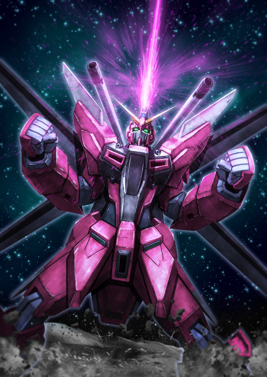 clenched_hands commentary energy_blade green_eyes gundam gundam_seed gundam_seed_freedom highres infinite_justice_gundam_type_ii light_particles looking_at_viewer mecha mobile_suit no_humans robot science_fiction solo space star_(sky) sunflower_(tomodog422) v-fin