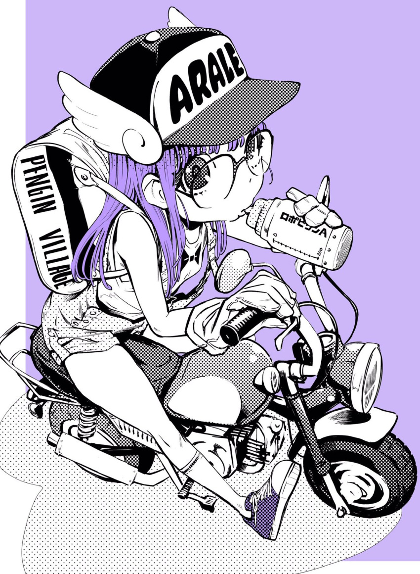 1girl backpack bag baseball_cap bottle commentary_request dr._slump from_above glasses hat highres kabaya_yumiko long_hair looking_at_viewer monochrome motor_vehicle norimaki_arale purple_hair scooter shoes shorts sneakers solo spot_color tank_top winged_hat