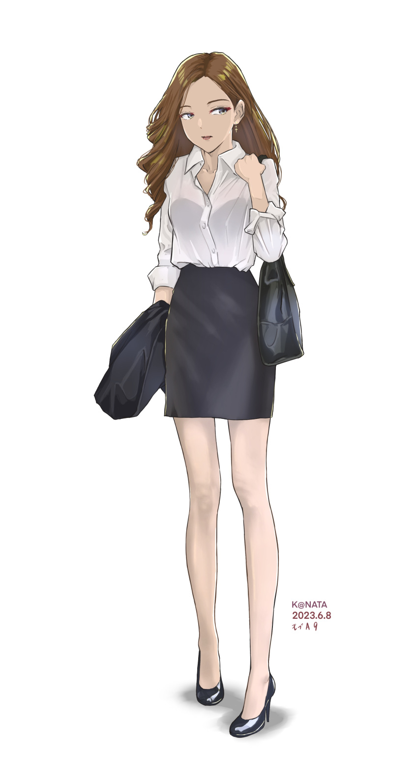 1girl absurdres bag black_footwear black_skirt brown_hair cross cross_earrings dated earrings full_body hand_up handbag high_heels highres holding holding_clothes holding_jacket jacket jewelry lipstick long_hair makeup office_lady original pencil_skirt shirt simple_background skirt skirt_suit suit white_background white_shirt y.kami_nao/take