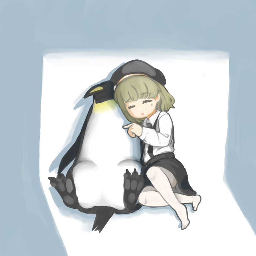 1girl :o against_wall beret bird black_headwear black_skirt brown_hair closed_eyes collared_shirt commentary_request crack_of_light emperor_penguin full_body hat hatoba_tsugu highres index_finger_raised leaning_on_animal long_sleeves medium_hair mole mole_under_eye no_shoes open_mouth pantyhose penguin shadow shirt sitting skirt sleeping solo suspender_skirt suspenders testest toes tsugu_(vtuber) virtual_youtuber white_background white_pantyhose white_shirt