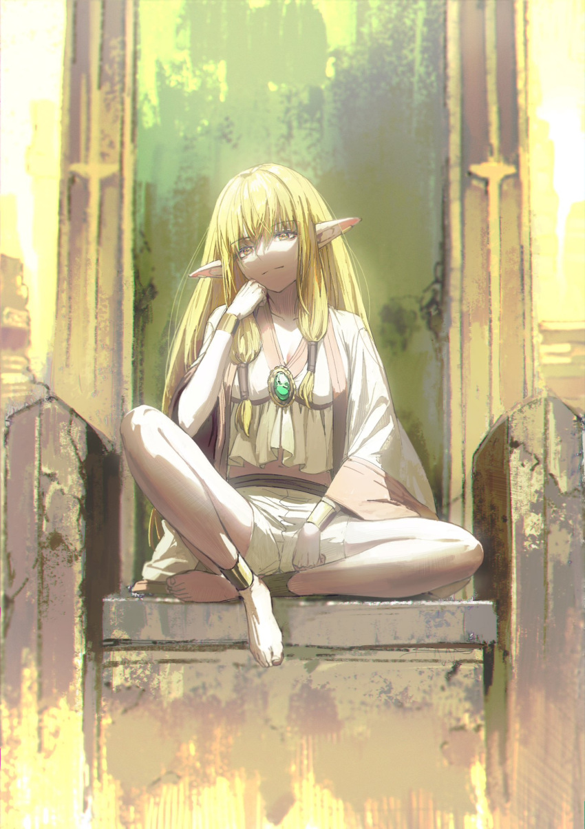 1girl anklet barefoot blonde_hair bracelet brooch elf full_body highres jewelry light_smile long_hair looking_at_viewer mmi_ryu pointy_ears serie_(sousou_no_frieren) shirt shorts solo sousou_no_frieren throne yellow_eyes