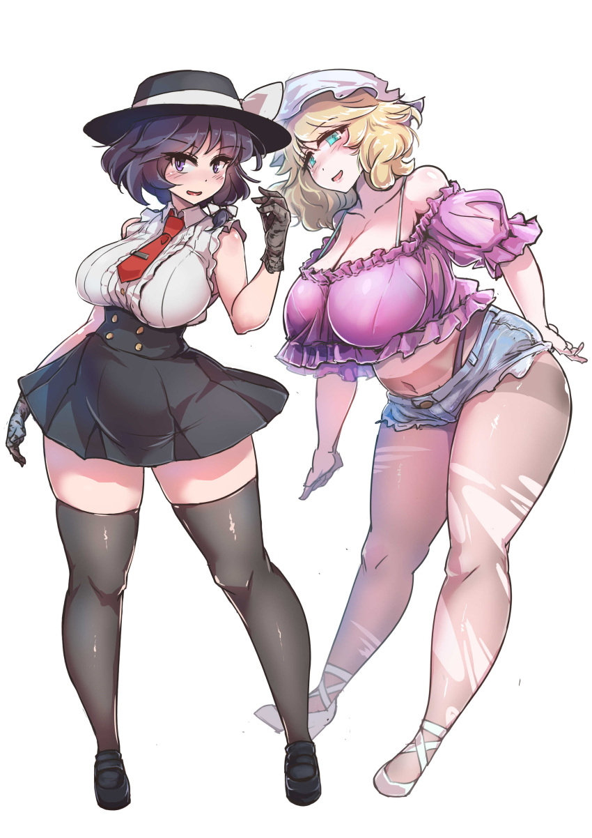 2girls absurdres adapted_costume black_gloves black_hair black_headwear black_skirt black_thighhighs blonde_hair blue_eyes blue_shorts blush breasts brown_eyes cleavage commentary_request curvy enajii full_body gloves highres huge_breasts large_breasts maribel_hearn multiple_girls navel necktie red_necktie short_hair shorts simple_background skirt thighhighs touhou usami_renko white_background white_headwear