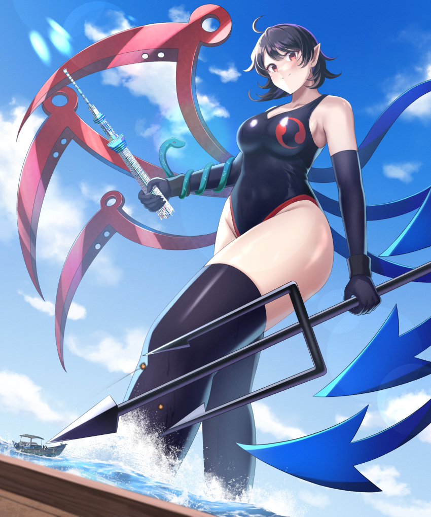 1girl absurdres ahoge asymmetrical_wings black_hair black_one-piece_swimsuit black_thighhighs blue_sky boat breasts cloud commission giant giantess highres holding_trident houjuu_nue looking_at_viewer medium_breasts numaguro_(tomokun0808) ocean one-piece_swimsuit outdoors pointy_ears red_eyes short_hair skeb_commission sky smile swimsuit thighhighs touhou watercraft wings