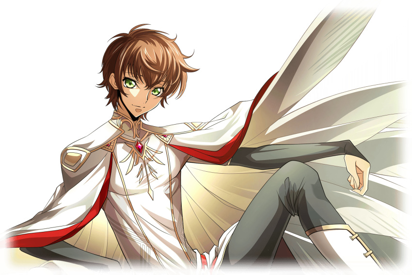 1boy arm_on_knee arm_support artist_request black_pants boots brown_hair cloak closed_mouth code_geass code_geass:_lost_stories floating_clothes game_cg gem green_eyes happy highres knee_boots knee_up kururugi_suzaku layered_sleeves leaning_back long_sleeves looking_at_viewer male_focus non-web_source official_art pants red_gemstone shirt short_hair short_over_long_sleeves short_sleeves sidelocks simple_background sitting smile solo split_mouth transparent_background white_cloak white_footwear white_shirt