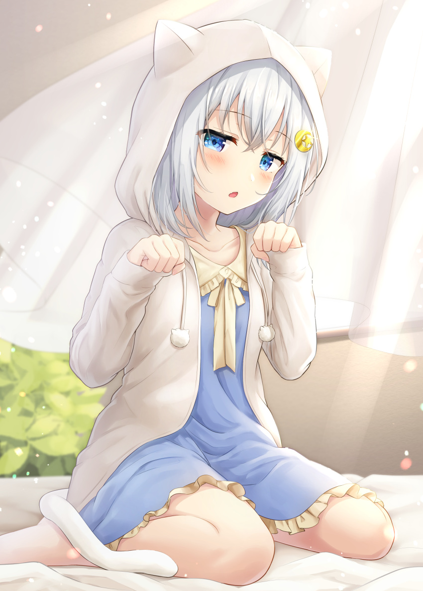 1girl absurdres animal_ear_hood animal_ears barefoot blue_dress blue_eyes blush cat_ears cat_tail clenched_hands collarbone crescent crescent_hair_ornament crossed_bangs curtains drawstring dress fake_tail grey_hair hair_ornament hands_up highres hood hooded_jacket jacket jitome medium_dress medium_hair on_bed original paw_pose satsuki_(yutuki_ame) sitting solo star_(symbol) star_hair_ornament tail two-tone_dress wariza white_jacket window yellow_dress yutuki_ame