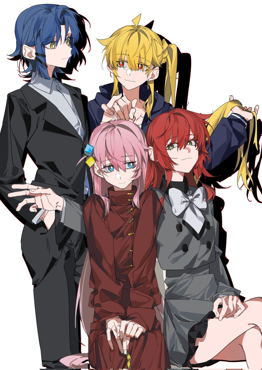 4girls ahoge arm_around_shoulder asymmetrical_hair black_jacket black_pants black_suit blonde_hair blue_eyes blue_hair blue_jacket bocchi_the_rock! bow bowtie bright_pupils closed_mouth collared_shirt commentary corrupted_twitter_file crossed_legs cube_hair_ornament dress earrings gotoh_hitori green_eyes grey_shirt grey_skirt hair_ornament hand_in_pocket hand_on_lap highres holding_hands ijichi_nijika jacket jewelry kita_ikuyo long_hair long_sleeves looking_at_another looking_at_viewer molu_stranger multiple_girls pants pink_hair pleated_skirt red_dress red_eyes red_hair shadow shirt short_hair side_ponytail simple_background sitting skirt smile stud_earrings suit suit_jacket very_long_hair white_background white_bow white_bowtie white_pupils white_shirt white_skirt yamada_ryo yellow_eyes