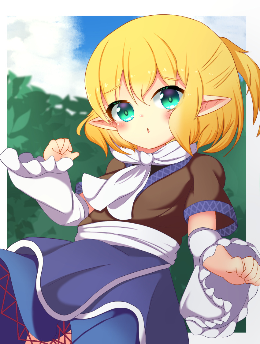 1girl arm_warmers blonde_hair blue_skirt blue_sky blush breasts brown_shirt bush clenched_hand cloud commentary_request cowboy_shot green_eyes half_updo highres koruk700 looking_at_viewer medium_bangs mizuhashi_parsee open_mouth parsee_day pointy_ears sash scarf shirt short_hair short_ponytail short_sleeves skirt sky small_breasts solo touhou white_sash white_scarf