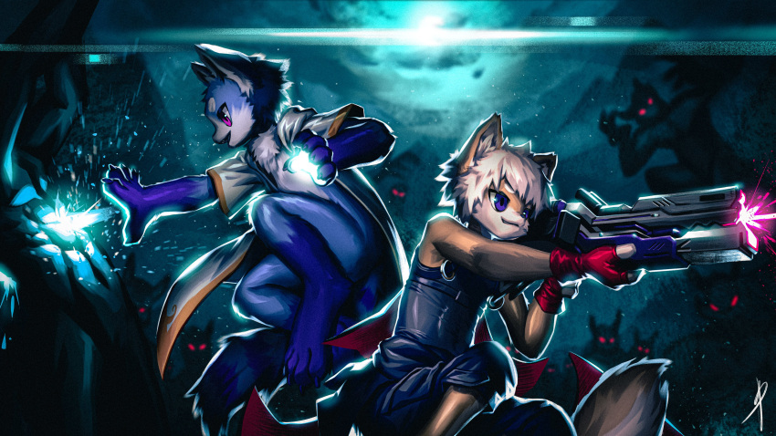 16:9 2022 absurd_res action_pose aiming ambiguous_gender ambiguous_species anamorphic_lens_flare blaedic canid canine chest_tuft clothed clothing crouching detailed_background digitigrade duo_focus energy energy_beam felid feline fight fingerless_gloves gloves gloves_(marking) glowing glowing_eyes glowing_hands group gun hair handwear hi_res holding_gun holding_object holding_ranged_weapon holding_weapon jumping leg_markings light magic magic_blast magic_user male mammal markings midair moonlight night open_mouth open_smile outside particles pink_eyes pose purple_eyes railgun ranged_weapon red_eyes robe shooting side_view silhouette smile socks_(marking) surrounded tuft weapon white_clothing white_hair white_robe widescreen