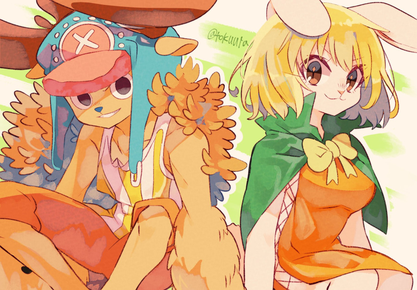 1girl alternate_form animal_ears antlers black_eyes blonde_hair bow bowtie brown_eyes cape carrot_(one_piece) commentary_request cross dress green_background green_cape highres horns looking_at_viewer one_piece orange_dress rabbit_ears rabbit_girl shirt short_hair smile striped_clothes striped_shirt tokuura tony_tony_chopper twitter_username two-tone_shirt vertical-striped_clothes vertical-striped_shirt white_shirt yellow_shirt