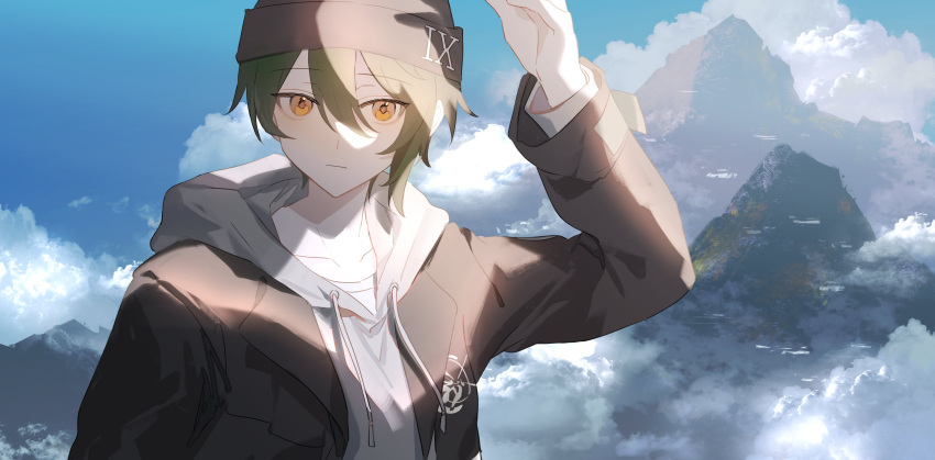 1boy absurdres arm_up beanie black_hat black_jacket blue_sky closed_mouth cloud collarbone commentary_request day drawstring eve_(meltdown) green_hair hair_between_eyes hat highres honkai_(series) honkai_impact_3rd hood hood_down hoodie jacket kosma long_sleeves looking_at_viewer male_focus mountain open_clothes open_jacket orange_hair outdoors roman_numeral sky solo upper_body white_hoodie