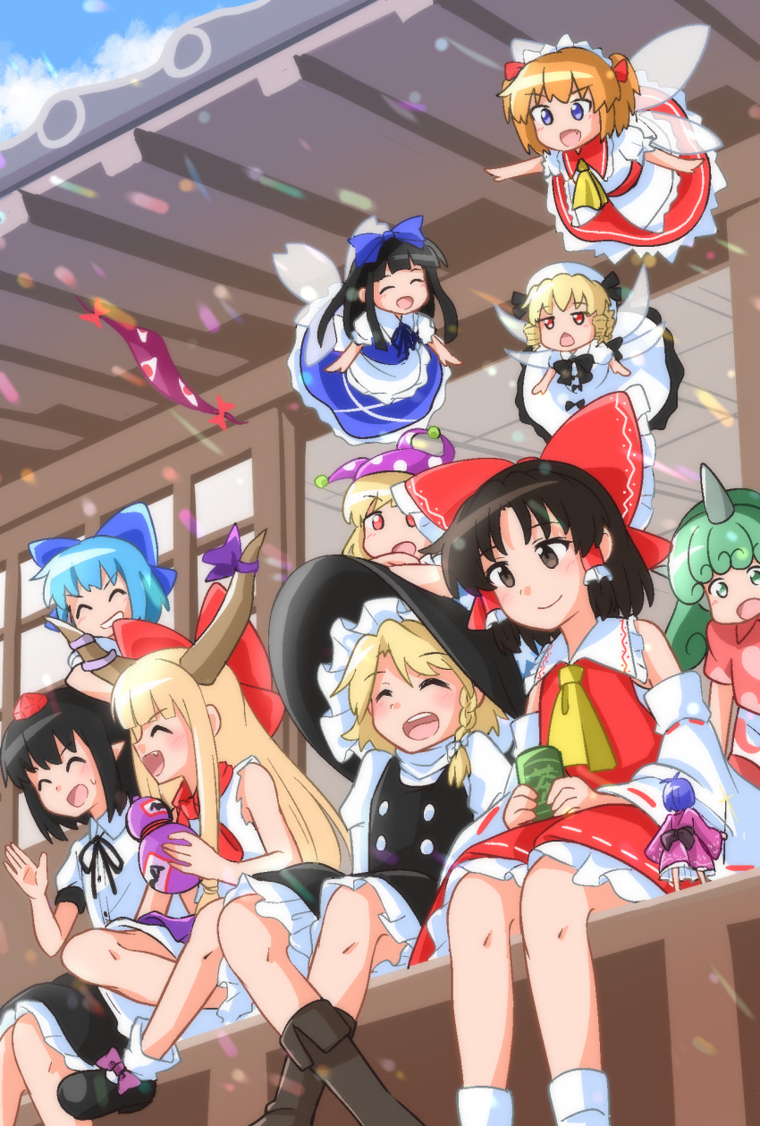 6+girls ascot black_hair black_ribbon black_skirt black_vest blonde_hair blue_bow blue_hair bow braid cirno closed_eyes closed_mouth clownpiece collared_shirt commentary_request cup curly_hair detached_sleeves dress drill_hair fairy fairy_wings fang flying frilled_bow frilled_hair_tubes frills gap_(touhou) gourd green_eyes green_hair hair_bow hair_tubes hakurei_reimu hat headdress highres holding holding_cup holding_gourd holding_needle horn_ornament horn_ribbon horns ibuki_suika jester_cap kirisame_marisa komano_aunn long_hair long_sleeves luna_child mini_person minigirl multiple_girls neck_ribbon needle oni open_mouth orange_hair pointy_ears polka_dot polka_dot_headwear purple_hair purple_hat purple_skirt red_bow red_eyes red_hat red_shirt red_skirt ribbon ribbon-trimmed_sleeves ribbon_trim shameimaru_aya shirt short_hair short_sleeves side_braid single_braid single_horn sitting skirt skirt_set sleeveless sleeveless_shirt smile standing star_sapphire sukuna_shinmyoumaru sunny_milk sweatdrop tokin_hat touhou very_long_hair vest white_bow white_shirt wide_sleeves wings witch_hat yakousei_no_kame yellow_ascot yunomi