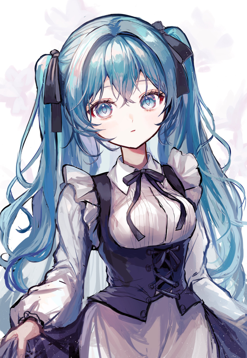 1girl absurdres alternate_costume apron aqua_eyes aqua_hair black_ribbon black_skirt bodice breasts crossed_bangs double-parted_bangs framed_breasts hair_between_eyes hair_ribbon hashtag-only_commentary hatsune_miku highres light_blush long_hair long_skirt looking_at_viewer parted_lips pipi ribbed_shirt ribbon shirt skirt skirt_hold small_breasts solo underbust upper_body very_long_hair vocaloid waist_apron white_apron white_shirt