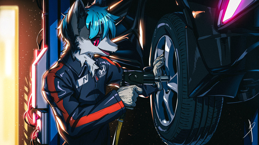 16:9 2020 anthro black_nose black_sclera blaedic blue_hair canid canine canis chest_tuft clothed clothing detailed_background dipstick_ears dust fangs fur garage gloves grey_body grey_fur hair handwear hi_res hyundai impact_wrench inside jacket leon_(leon147851) light lighting male male_anthro mammal mechanic multicolored_ears open_mouth open_smile particles pink_eyes power_tool short_hair smile solo teeth tools topwear tuft vehicle vehicle_lift wheel widescreen wolf working