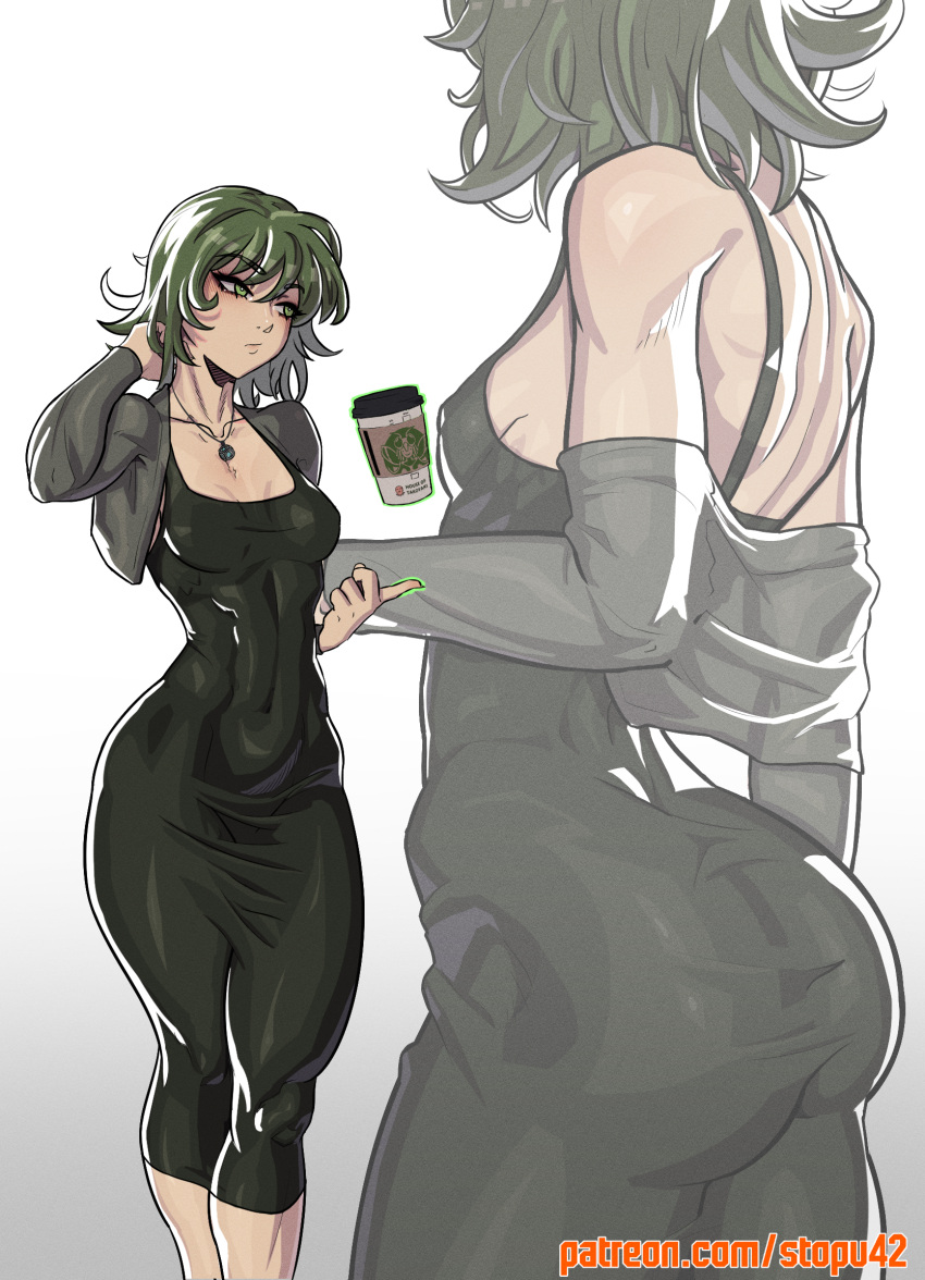 1girl arm_behind_head ass ass_focus back back_focus backless_dress backless_outfit bare_shoulders black_dress breasts breasts_apart closed_mouth coffee_cup collarbone covered_abs covered_navel cropped_jacket cup disposable_cup dongtan_dress dress green_eyes green_hair grey_background grey_jacket highres jacket jacket_partially_removed jewelry looking_to_the_side low_neckline medium_hair meme_attire multiple_views necklace one-punch_man patreon_username shoulder_blades simple_background sleeveless sleeveless_dress small_breasts solo_focus spaghetti_strap standing starbucks stopu tatsumaki taut_clothes taut_dress thick_thighs thighs tight_clothes tight_dress wide_hips