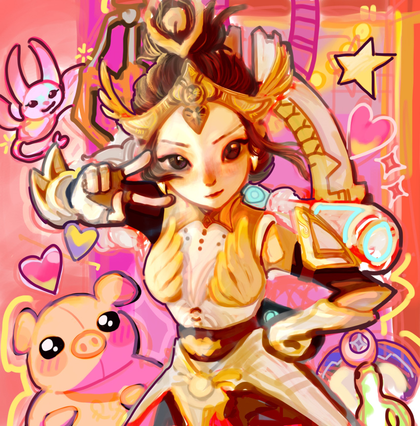 1girl apex_legends black_eyes black_hair black_pants chinese_commentary clenched_hand conduit_(apex_legends) dress echo_(apex_legends) gilded_radiance_conduit gloves hair_bun hand_on_own_hip heart highres looking_at_viewer nessie_(respawn) official_alternate_costume pants red_lips single_hair_bun sketch smirk solo sparkle stuffed_animal stuffed_pig stuffed_toy v v-shaped_eyebrows wang_wu_(laojiuyijiuhenxian) white_dress white_gloves