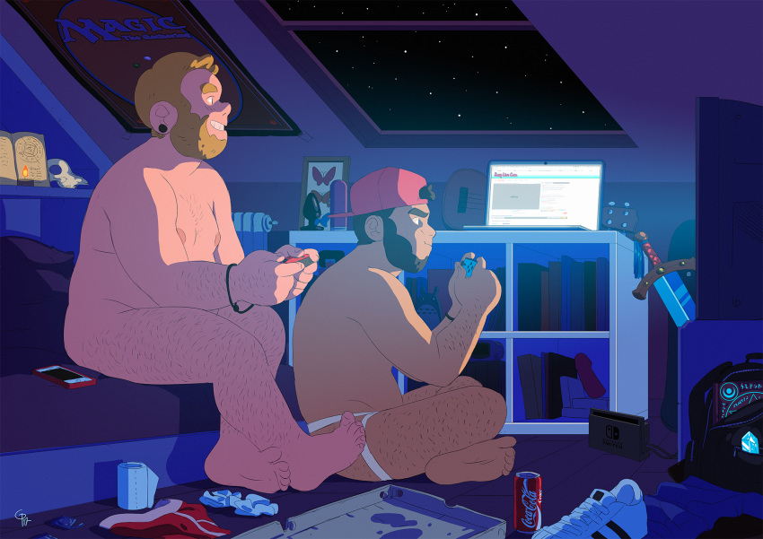2boys abs backwards_hat bara baseball_cap beard blonde_hair bulge completely_nude computer controller couple dark-skinned_male dark_skin facial_hair from_side full_beard full_body giopota grin hairy hat highres huge_eyebrows jockstrap joystick laptop large_pectorals male_focus male_underwear mature_male messy_room multiple_boys muscular muscular_male navel navel_hair nipples nude original pectorals playing_games plump profile screen_light shoes short_hair sideburns sitting smile sneakers stomach thick_beard thick_eyebrows thick_thighs thighs topless_male underwear yaoi