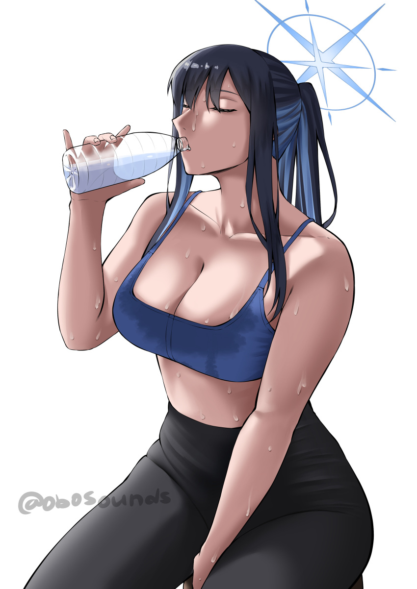 1girl absurdres between_legs bike_shorts black_hair black_pants blue_archive blue_hair blue_sports_bra bottle bra breasts broad_shoulders closed_eyes collarbone drinking english_commentary halo hand_between_legs highres holding holding_bottle large_breasts long_bangs midriff obosounds pants ponytail saori_(blue_archive) sidelocks simple_background sitting solo sports_bra sweat sweat_stain sweaty_clothes twitter_username underwear water_bottle white_background yoga_pants