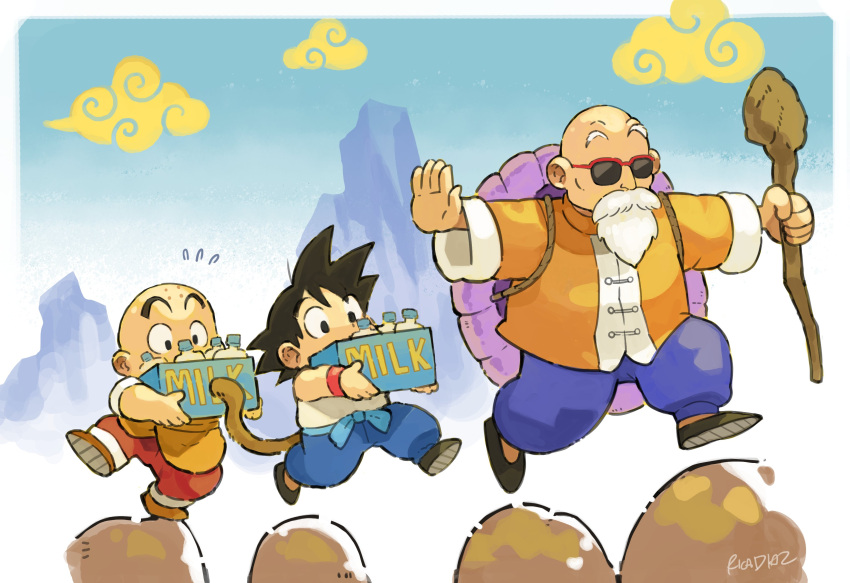 3boys absurdres bald beard black_eyes black_footwear black_hair border child commentary dougi dragon_ball dragon_ball_(classic) english_commentary facial_hair food full_body highres holding kuririn long_sleeves male_focus mountainous_horizon multiple_boys muten_roushi outstretched_arms pants rica_diaz shirt short_hair simple_background sky son_goku spiked_hair staff standing white_border white_hair