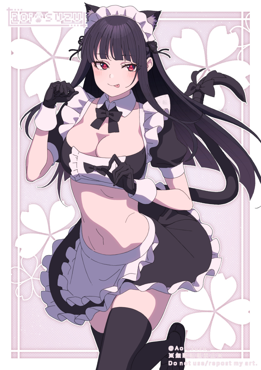 1girl :p animal_ears aoi_suzu apron black_bow black_footwear black_gloves black_hair black_shirt black_skirt black_thighhighs blunt_bangs bow bowtie breasts cat_ears cat_girl cat_tail center_frills cleavage closed_mouth crop_top detached_collar extra_ears frilled_shirt frilled_skirt frills gloves hand_up highres leg_up long_hair looking_at_viewer maid maid_apron maid_headdress medium_breasts midriff miniskirt navel original red_eyes shirt short_sleeves sidelocks skirt smile solo standing standing_on_one_leg stomach tail tail_bow tail_ornament tail_raised thighhighs tongue tongue_out waist_apron wrist_cuffs zettai_ryouiki
