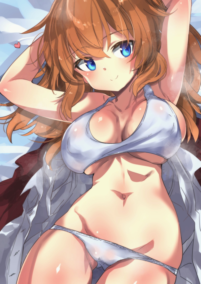 1girl aohashi_ame armpits blue_eyes blush bra breasts cameltoe charlotte_e._yeager cleavage closed_mouth commentary_request highres large_breasts long_hair looking_at_viewer navel orange_hair panties shirt smile solo strike_witches underboob underwear white_bra white_panties white_shirt world_witches_series