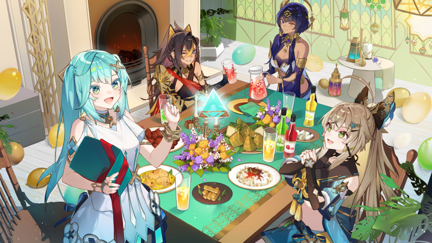 4girls :d absurdres aqua_hair armlet armpit_cutout balloon bare_shoulders blue_eyes blue_hair bottle bracelet brown_hair candace_(genshin_impact) clothing_cutout commentary crop_top dehya_(genshin_impact) dress faruzan_(genshin_impact) fireplace genshin_impact green_eyes grin hair_intakes hand_up heterochromia highres holding indoors jewelry kirara_(genshin_impact) long_hair midriff multiple_girls one_eye_closed plate pointy_hair rice second-party_source short_sleeves shotgunman smile stomach table twintails very_long_hair white_dress yellow_eyes