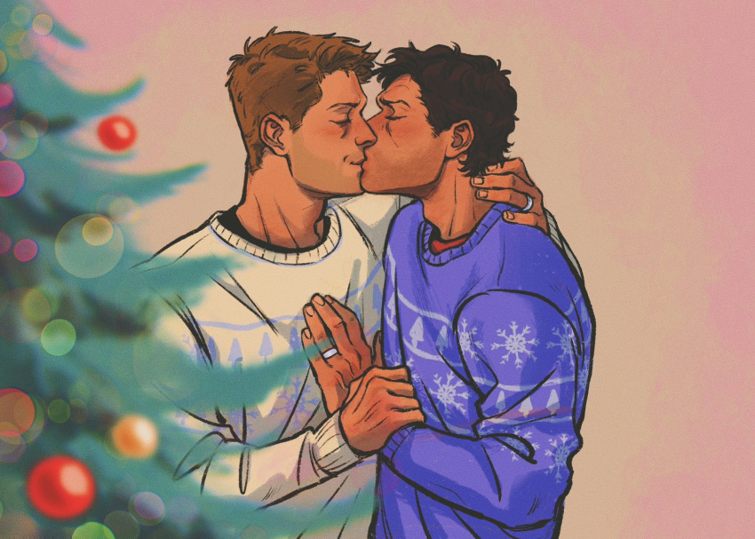 beard_stubble black_hair blush brown_hair castiel christmas christmas_sweater christmas_tree couple dean_winchester facial_hair fluffyells highres indoors jewelry kiss male_focus mature_male ring short_hair stubble supernatural_(tv_series) sweater wedding_ring yaoi