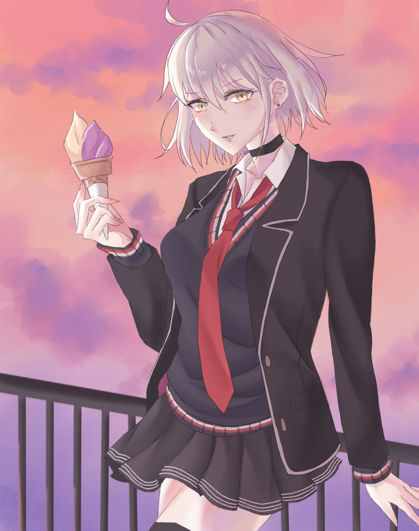 1girl absurdres ahoge black_choker breasts choker collared_shirt fate/grand_order fate_(series) food grey_hair highres holding ice_cream jacket jeanne_d'arc_alter_(avenger)_(fate) jeanne_d'arc_alter_(fate) large_breasts looking_at_viewer necktie official_alternate_costume rinnel11 shirt short_hair skirt smile solo sweater thighhighs uniform yellow_eyes