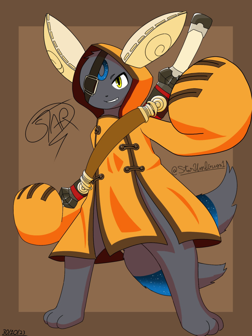 2023 2_tails ambiguous_gender anthro arc_system_works black_body black_fur black_nose blazblue clothing crossplay eeveelution facial_markings fur generation_2_pokemon head_markings hi_res jubei_(blazblue) markings melee_weapon multi_tail nintendo one_eye_obstructed orange_clothing pokemon pokemon_(species) simple_background smile star_(star_umbreon) star_umbreon sword sword_on_back tail two_tone_tail umbreon weapon yellow_eyes