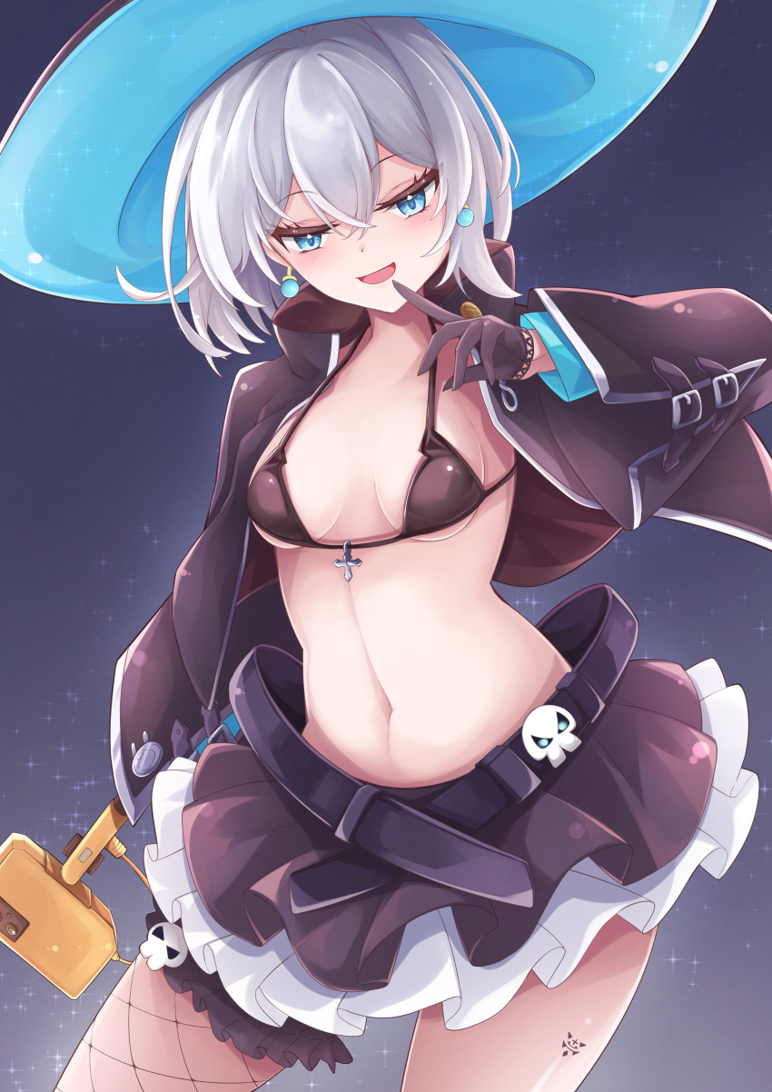 1girl :d absurdres azur_lane black_bra black_gloves black_jacket black_skirt blue_eyes blue_gemstone blush bra breasts cowboy_shot cropped_jacket earrings finger_to_mouth frilled_skirt frills gem gloves hair_between_eyes half-closed_eyes hat highres hip_focus holding holding_phone jacket jade_(a_good_girl's_magic)_(azur_lane) jade_(azur_lane) jewelry leaning_forward leaning_to_the_side long_sleeves looking_at_viewer medium_breasts medium_hair midriff miniskirt navel open_clothes open_jacket osatou_(soul_of_sugar) phone pleated_skirt single_fishnet_legwear skirt skull_ornament small_breasts smile smug solo thighs underwear white_hair wide_sleeves witch witch_hat