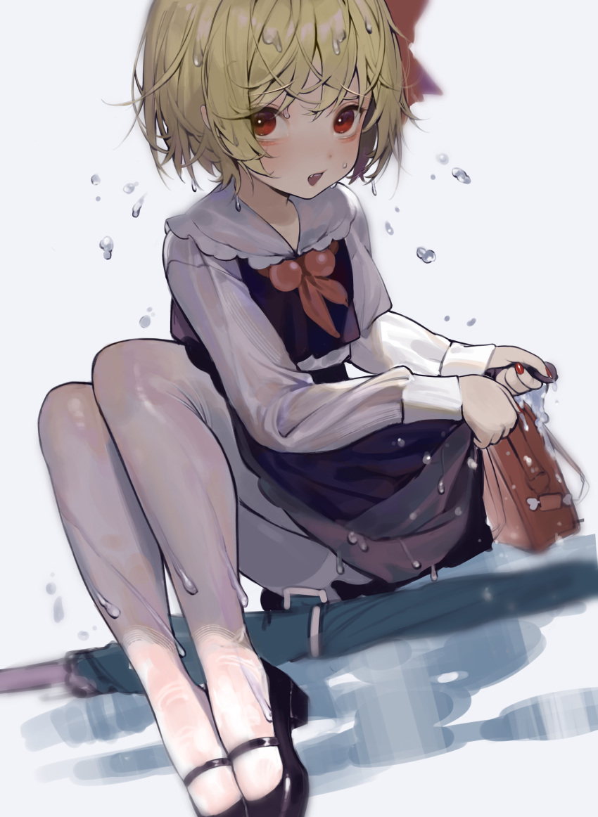 1girl absurdres black_footwear black_skirt black_vest blonde_hair brown_bag collared_shirt commentary fang hair_ribbon highres long_sleeves looking_at_viewer mary_janes neckerchief open_mouth pantyhose puddle red_eyes red_nails red_neckerchief red_ribbon ribbon rumia shirt shoes sitting skirt smile touhou umbrella vest water_drop wet wet_clothes white_background white_pantyhose white_shirt wringing_clothes xinjinjumin