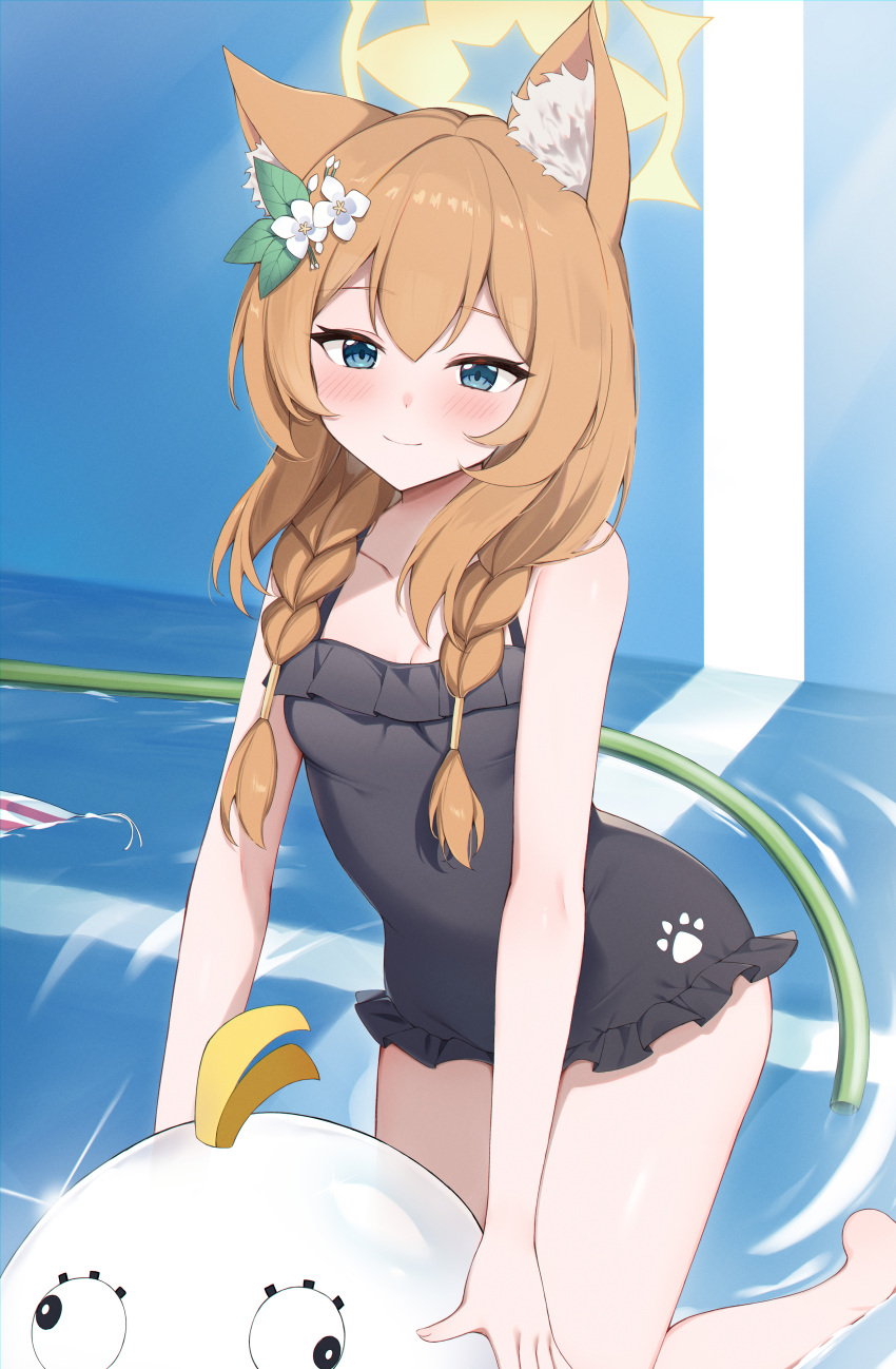 absurdres animal_ear_fluff animal_ears black_one-piece_swimsuit blue_archive braid casual_one-piece_swimsuit cat_ears cat_girl commentary_request flower frilled_one-piece_swimsuit frills hair_flower hair_ornament halo highres hose kneeling kurigura_(sketch_san) long_hair looking_at_viewer low_twin_braids mari_(blue_archive) mari_(swimsuit)_(blue_archive) no_halo official_alternate_costume one-piece_swimsuit orange_hair paw_print peroro_(blue_archive) pool revision smile swimsuit twin_braids white_flower yellow_halo