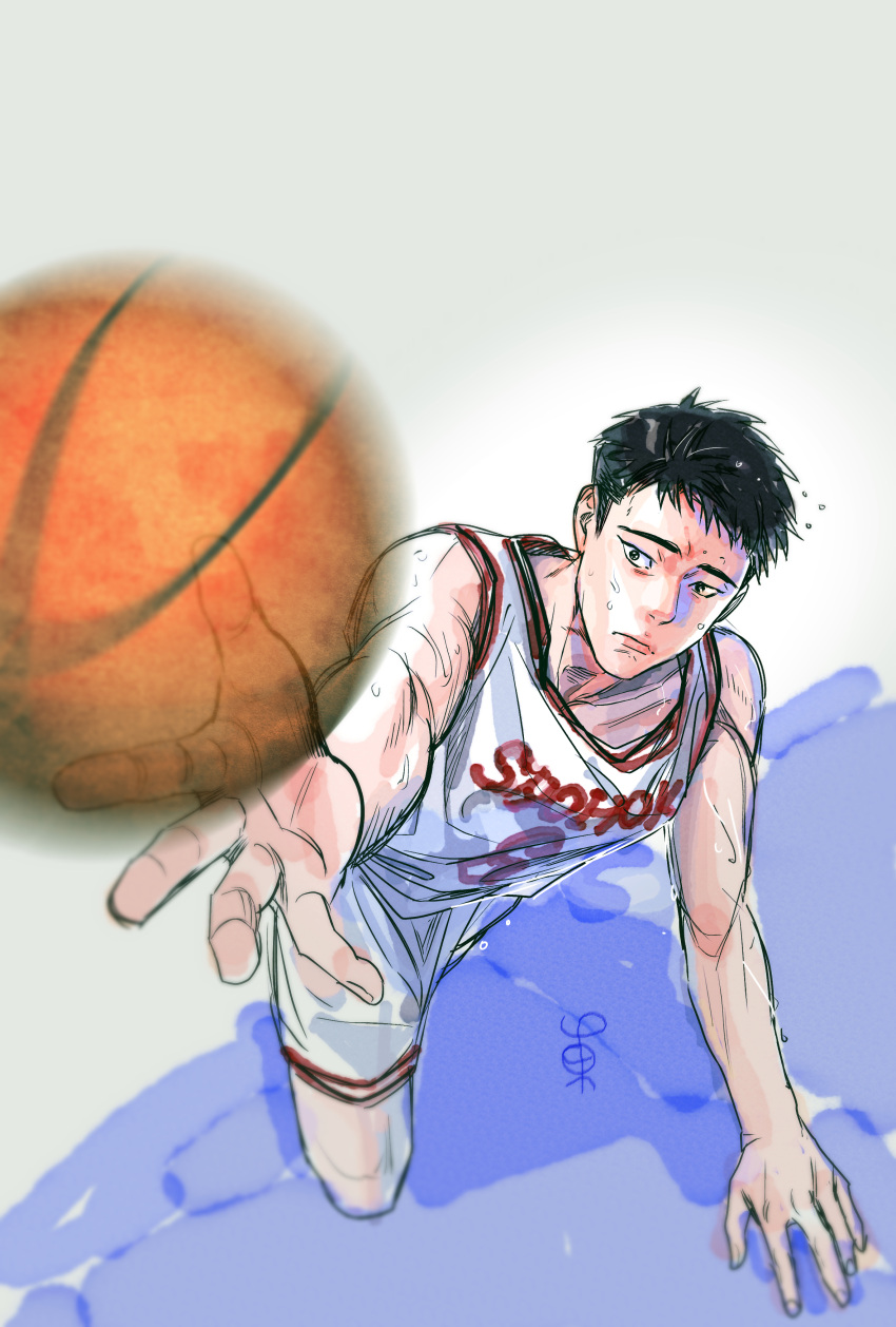 1boy absurdres ball basketball_(object) basketball_jersey basketball_uniform black_eyes black_hair eg_(eastg111) from_above full_body highres male_focus short_hair shorts slam_dunk_(series) solo sportswear sweat tank_top white_shorts white_tank_top yasuda_yasuharu