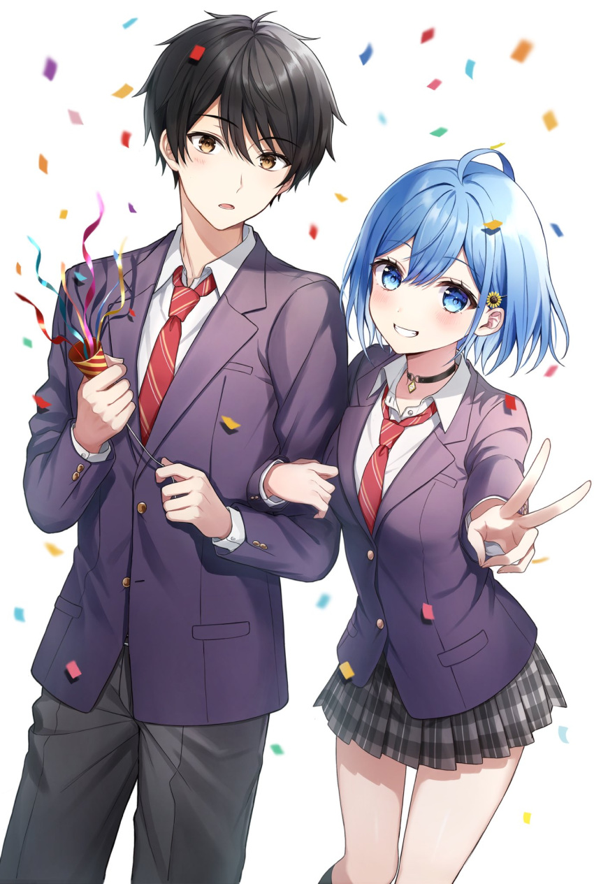 1boy 1girl :d ahoge black_choker black_hair black_pants black_skirt blue_eyes blue_hair blush breasts brown_eyes choker confetti cowboy_shot danjo_no_yuujou_wa_seiritsu_suru? diagonal-striped_clothes diagonal-striped_necktie flower hair_between_eyes hair_flower hair_ornament highres holding_another's_arm inuzuka_himari jacket looking_at_viewer lower_teeth_only miniskirt natsume_yuu necktie official_art open_mouth pants parted_lips parum39 pleated_skirt purple_jacket red_necktie shirt short_hair simple_background skirt smile standing striped_clothes sunflower sunflower_hair_ornament teeth white_background white_shirt white_stripes wing_collar yellow_stripes